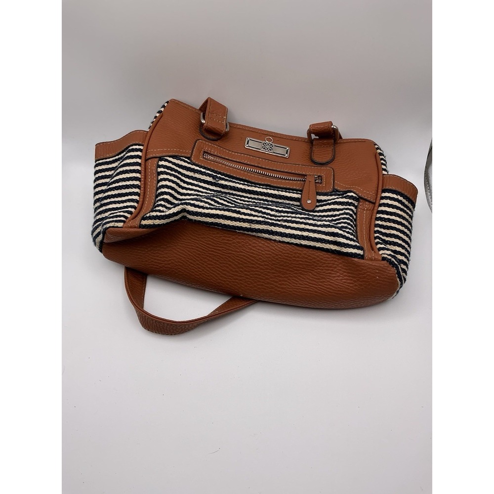 Nautical Striped Canvas Tote Shoulder Bag Brown Faux Leather Trim